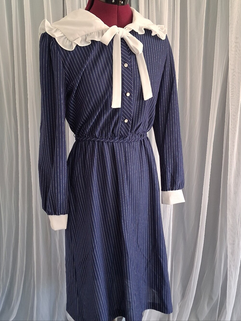 VTG Vintage Navy Pinstripe Long-Sleeve Dress Peter Pan Collar Bow Small / Medium